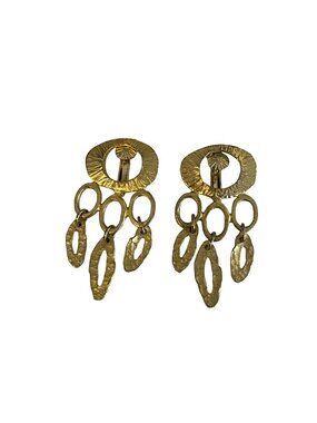 Vintage Gold Tone Dangle Clip On Earrings Hammered Modernist Statement 2x1